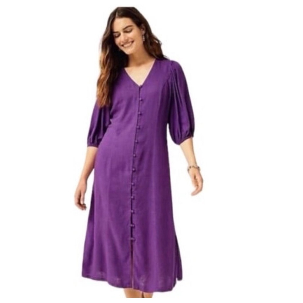 J. Jill Pure Linen Button-Front Midi Dress Gem Purple Puff Sleeve Small Petite
